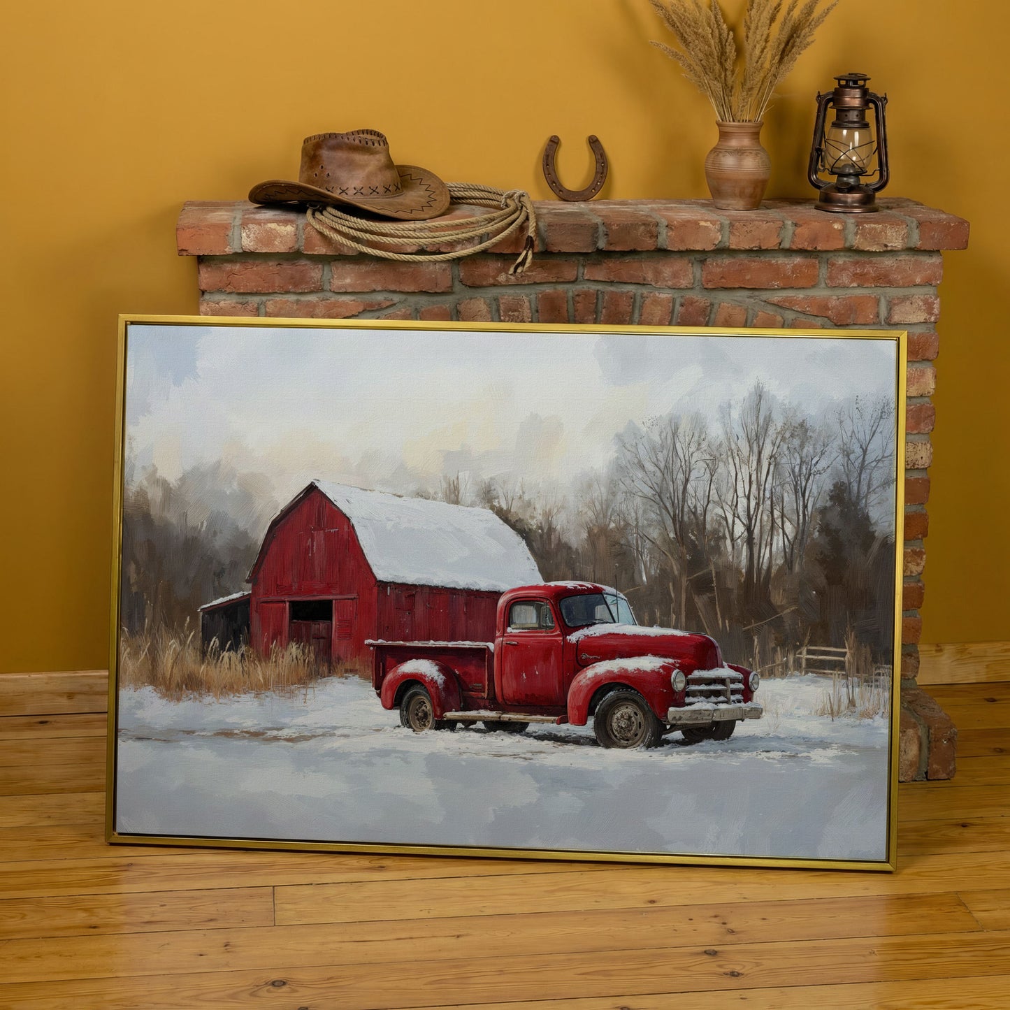 Red Barn and Pickup Truck in Snow Canvas Print in yellow gold floating frame