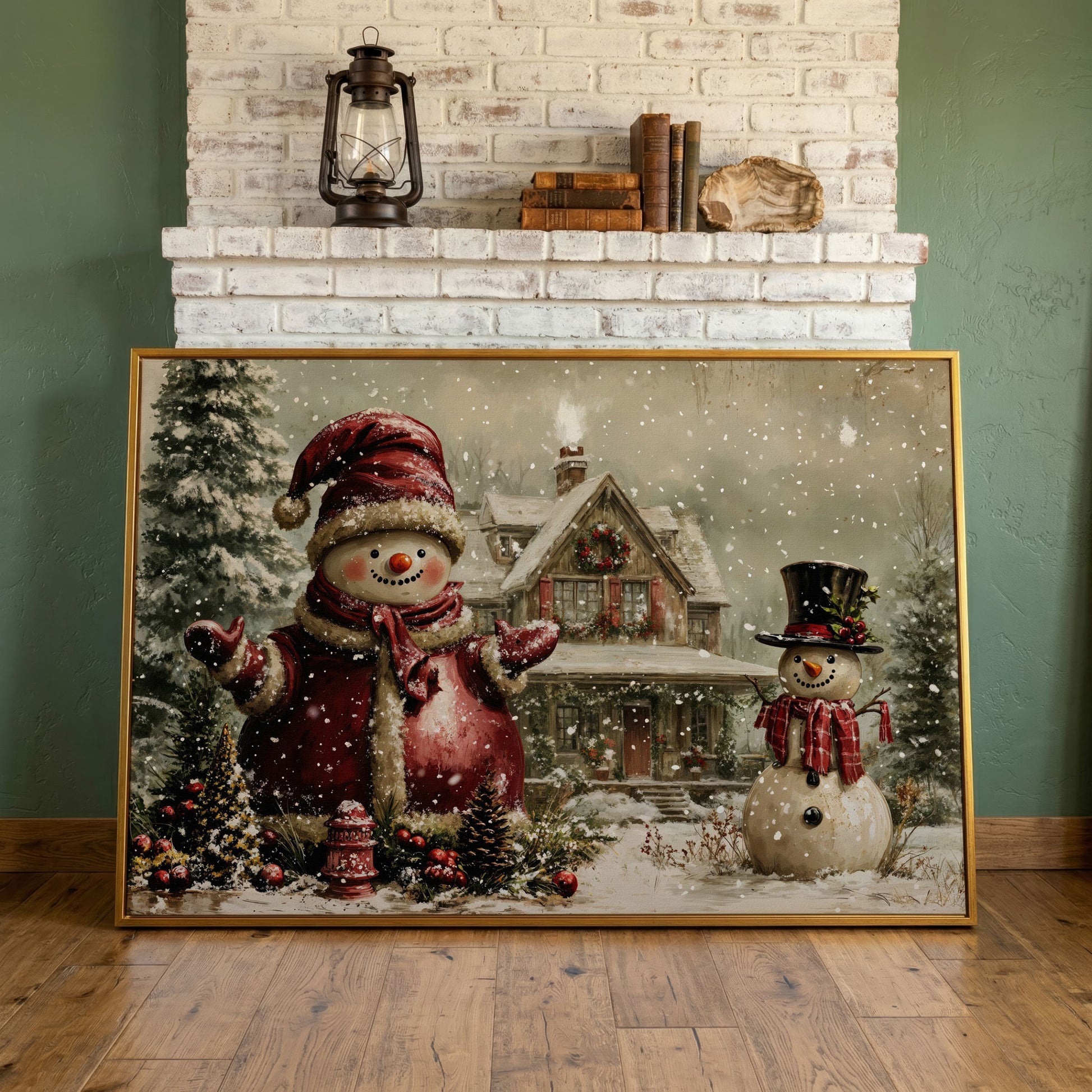 Winter Cottage with Two Snowmen Canvas in antique gold floating frame