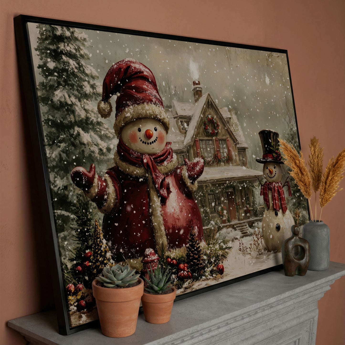 Winter Cottage with Two Snowmen Canvas in black floating frame