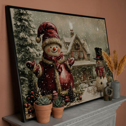 Winter Cottage with Two Snowmen Canvas in black floating frame