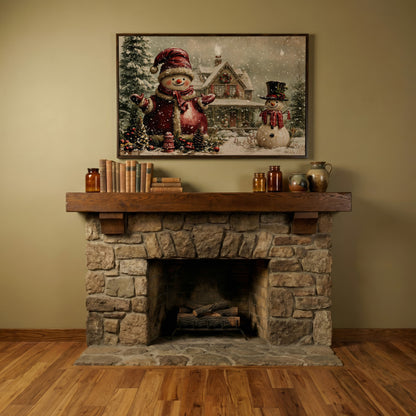 Winter Cottage with Two Snowmen Canvas in dark walnut floating frame