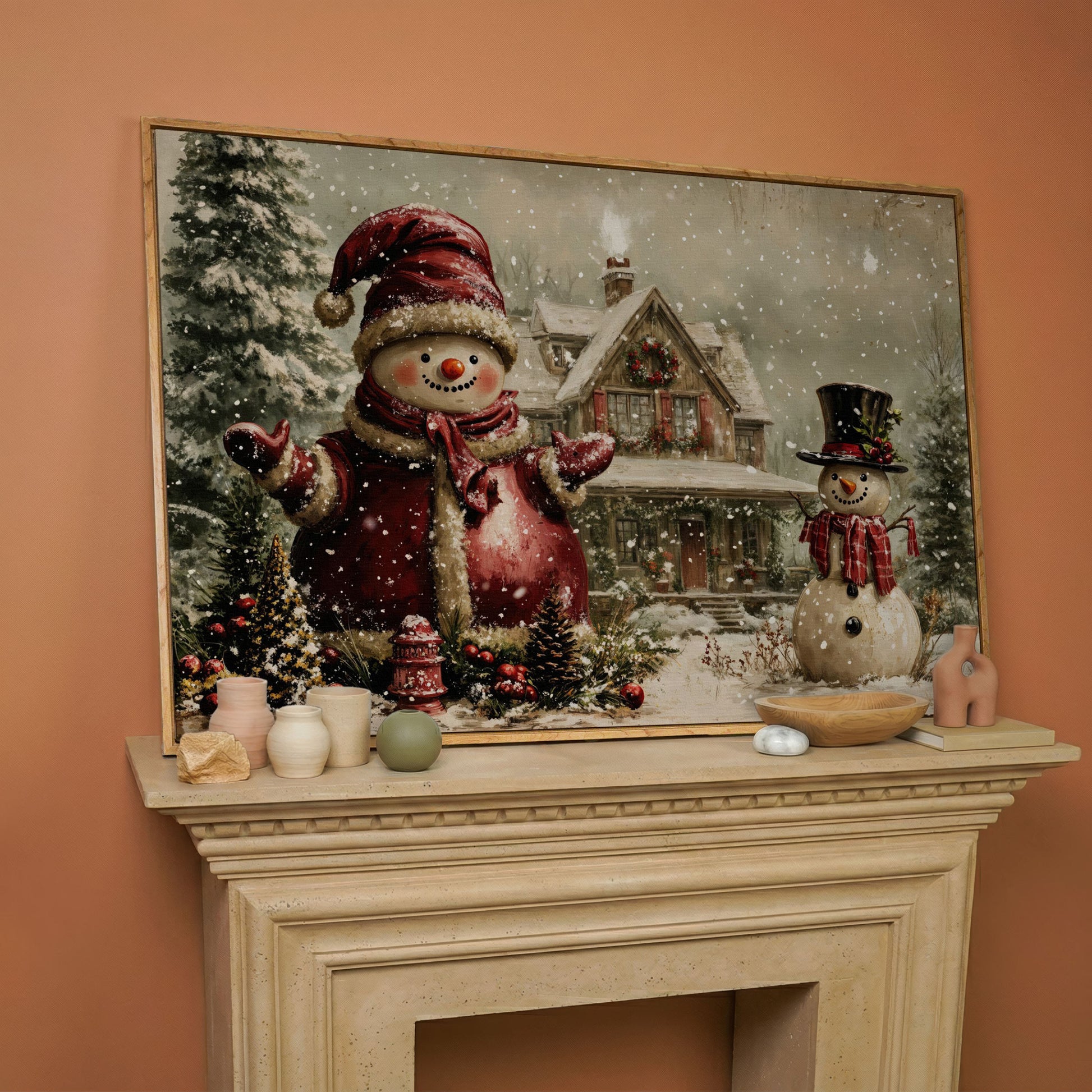 Winter Cottage with Two Snowmen Canvas in white oak floating frame