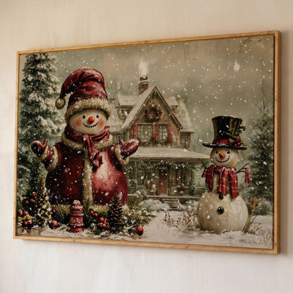 Winter Cottage with Two Snowmen Canvas shown in white oak floating frame