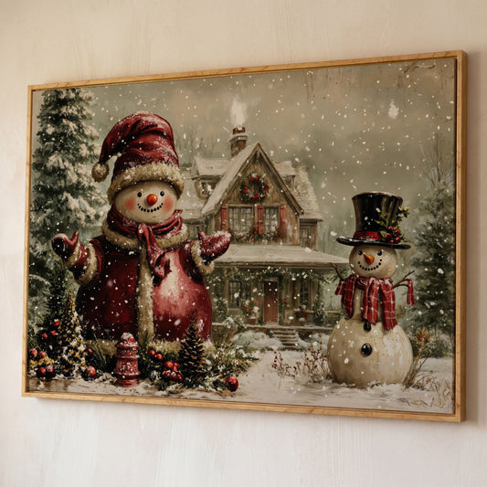Winter Cottage with Two Snowmen Canvas shown in white oak floating frame