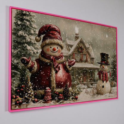 Winter Cottage with Two Snowmen Canvas in pink floating frame