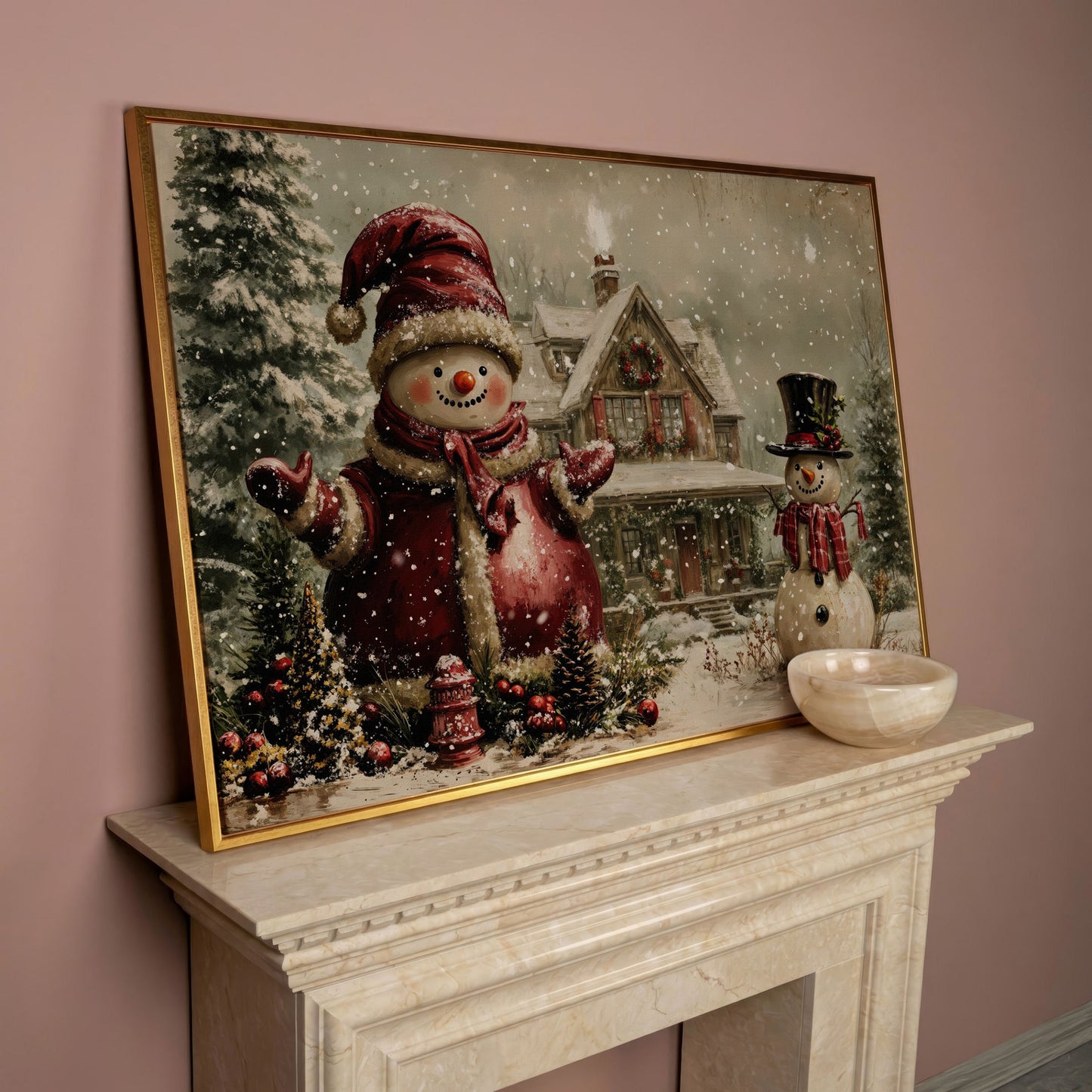 Winter Cottage with Two Snowmen Canvas in rose gold floating frame