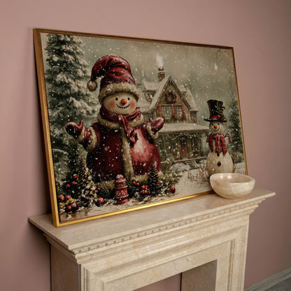 Winter Cottage with Two Snowmen Canvas in rose gold floating frame