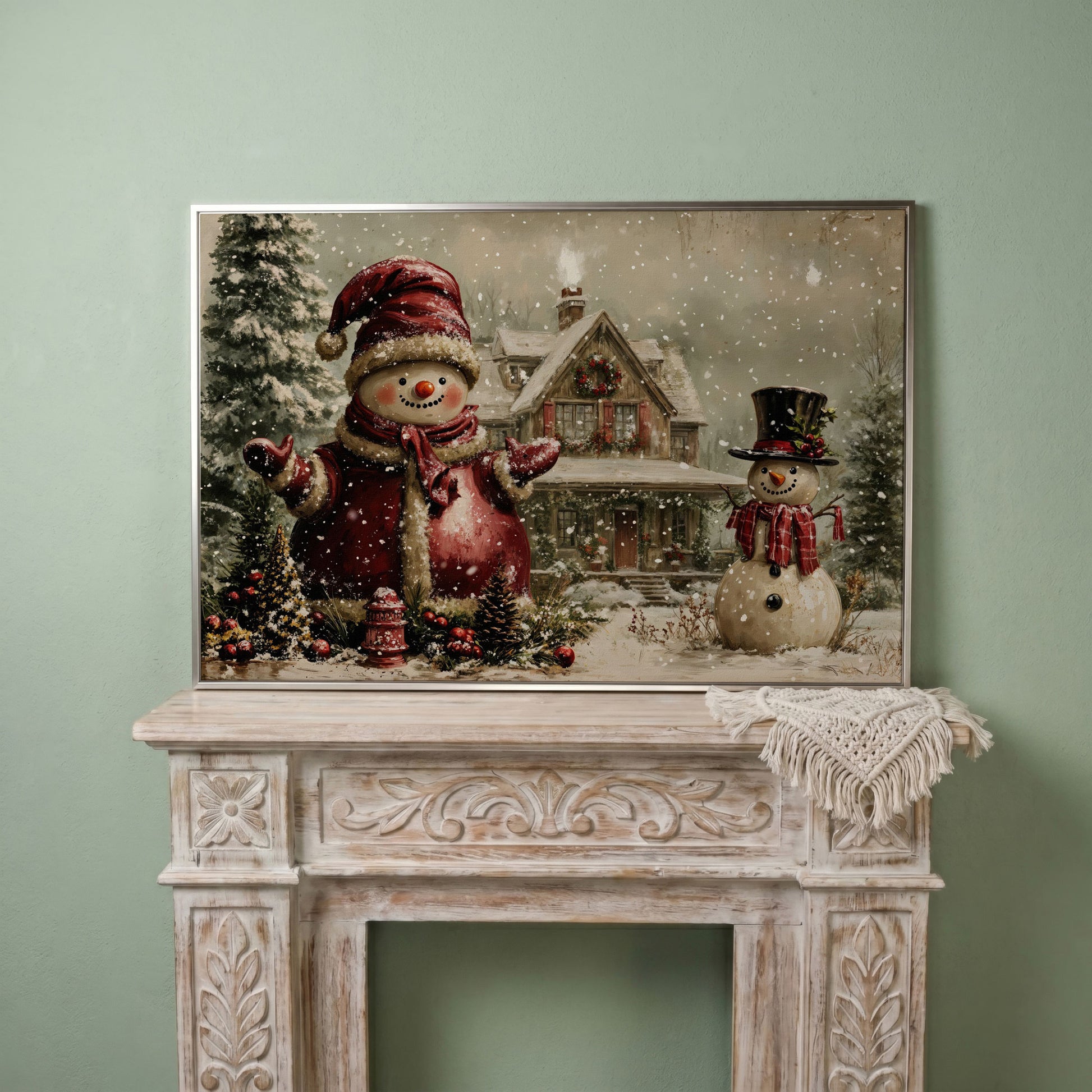 Winter Cottage with Two Snowmen Canvas in silver floating frame