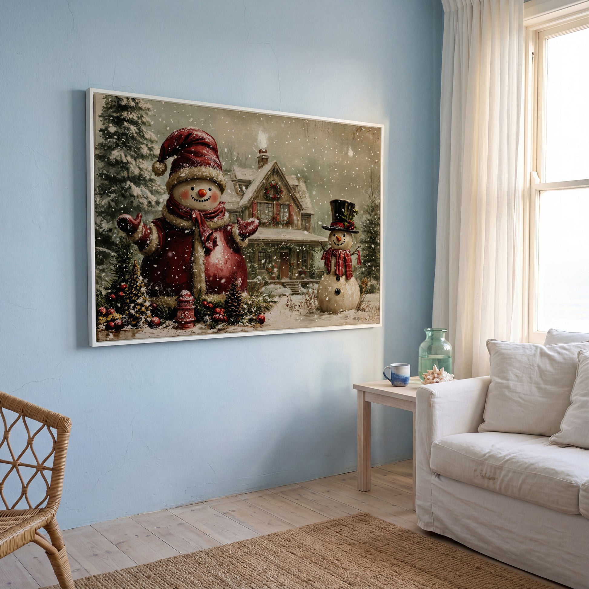 Winter Cottage with Two Snowmen Canvas in white floating frame