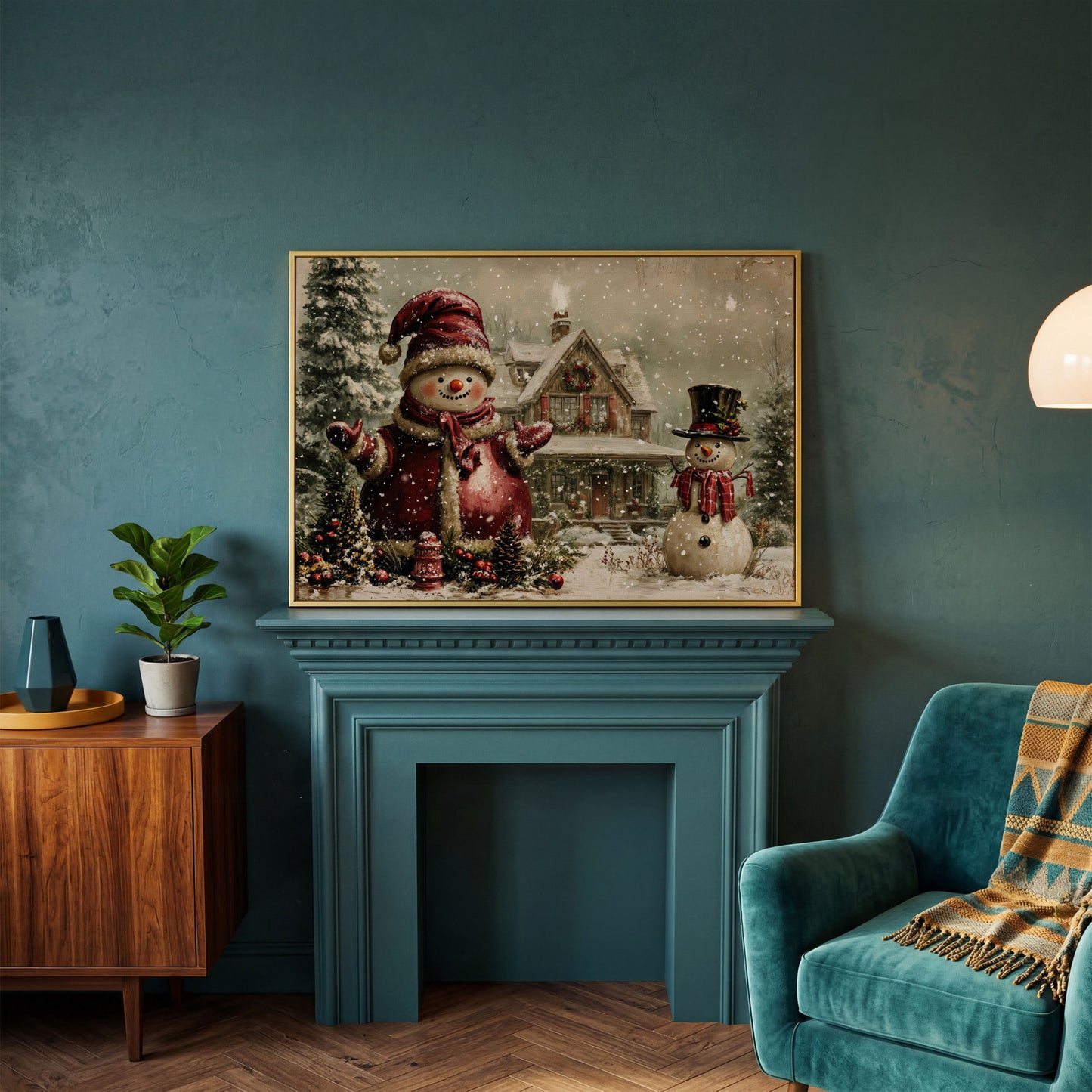 Winter Cottage with Two Snowmen Canvas in yellow gold floating frame