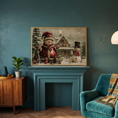 Winter Cottage with Two Snowmen Canvas in yellow gold floating frame