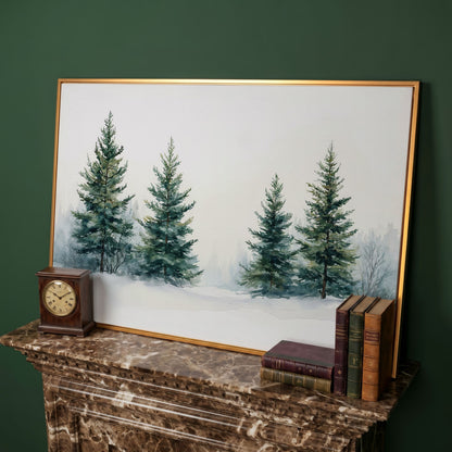 Snowy Evergreen Trees Canvas Print in Teal and Ivory in antique gold floating frame