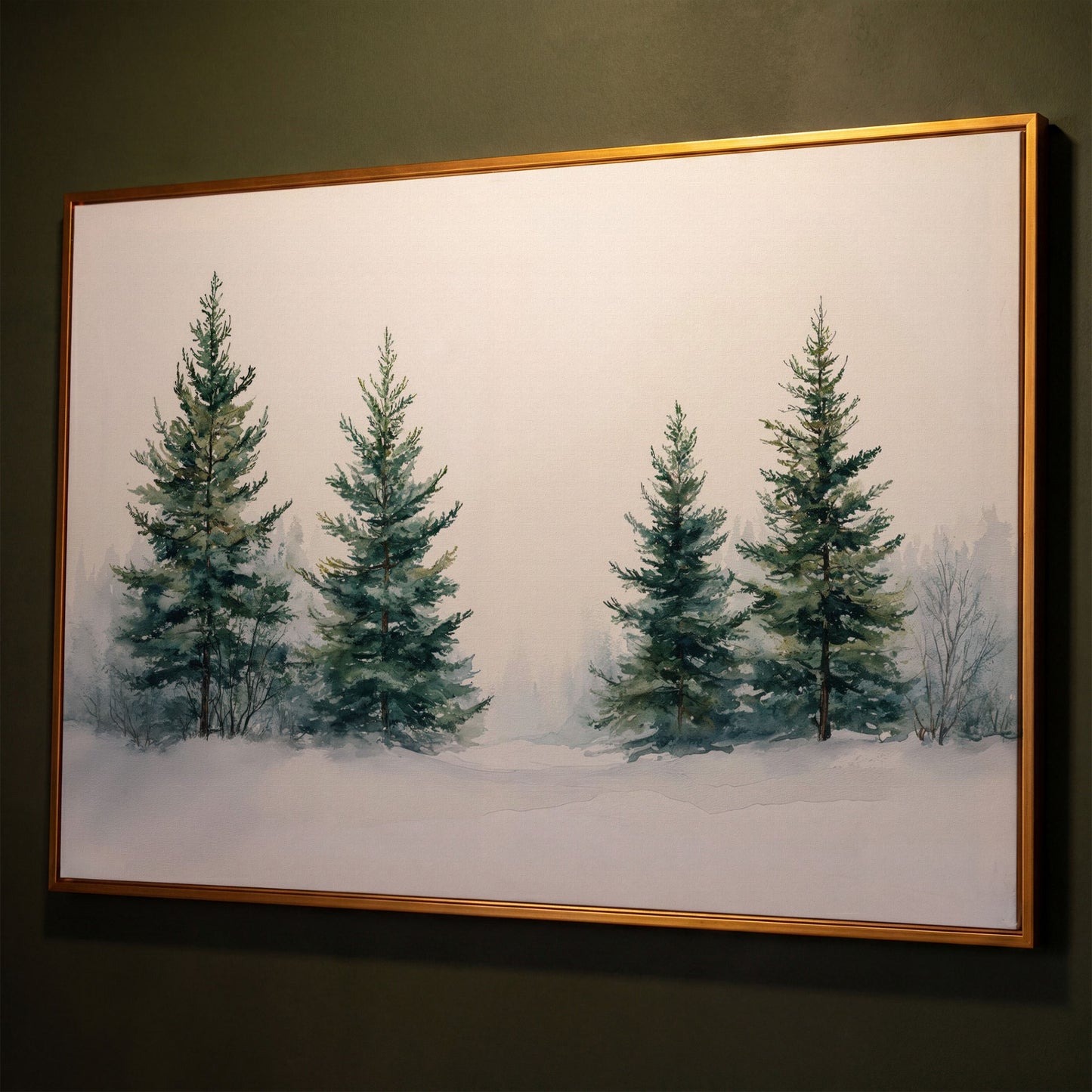 Snowy Evergreen Trees Canvas Print in Teal and Ivory shown in antique gold floating frame