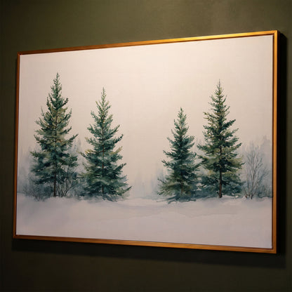 Snowy Evergreen Trees Canvas Print in Teal and Ivory shown in antique gold floating frame