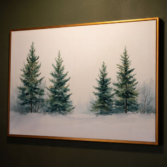 Snowy Evergreen Trees Canvas Print in Teal and Ivory shown in antique gold floating frame