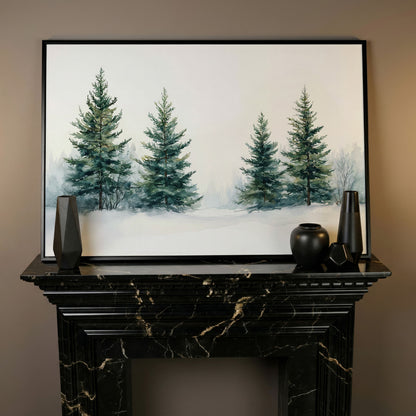 Snowy Evergreen Trees Canvas Print in Teal and Ivory in black floating frame