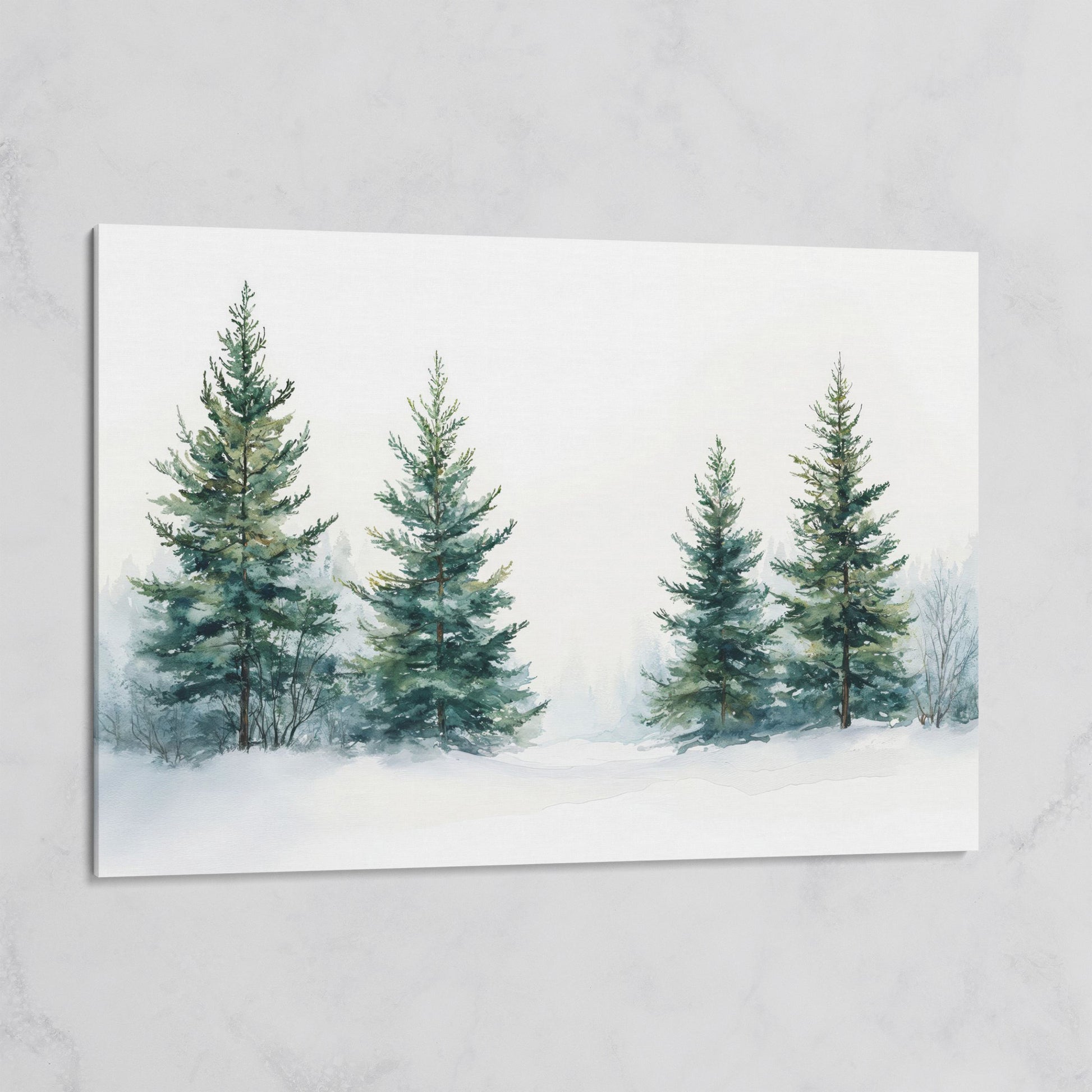 Snowy Evergreen Trees Canvas Print in Teal and Ivory on gallery wrap