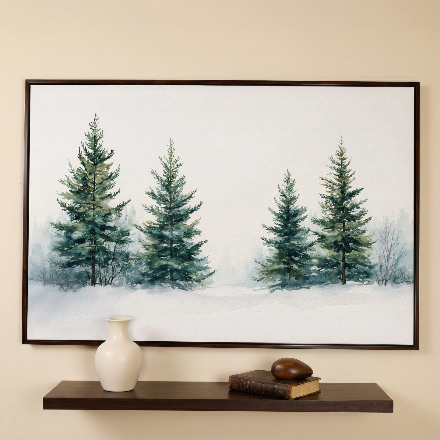 Snowy Evergreen Trees Canvas Print in Teal and Ivory in dark walnut floating frame