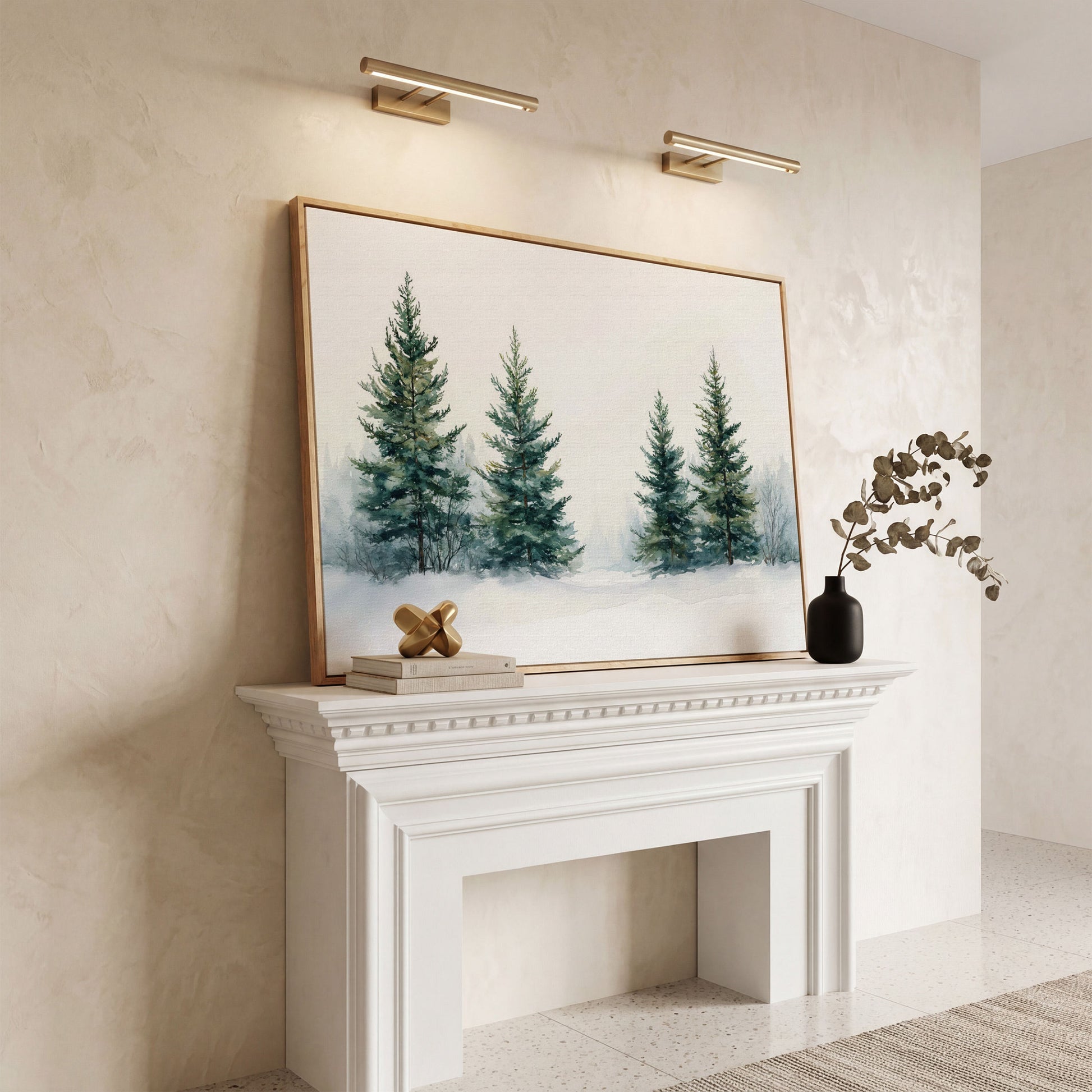 Snowy Evergreen Trees Canvas Print in Teal and Ivory in white oak floating frame