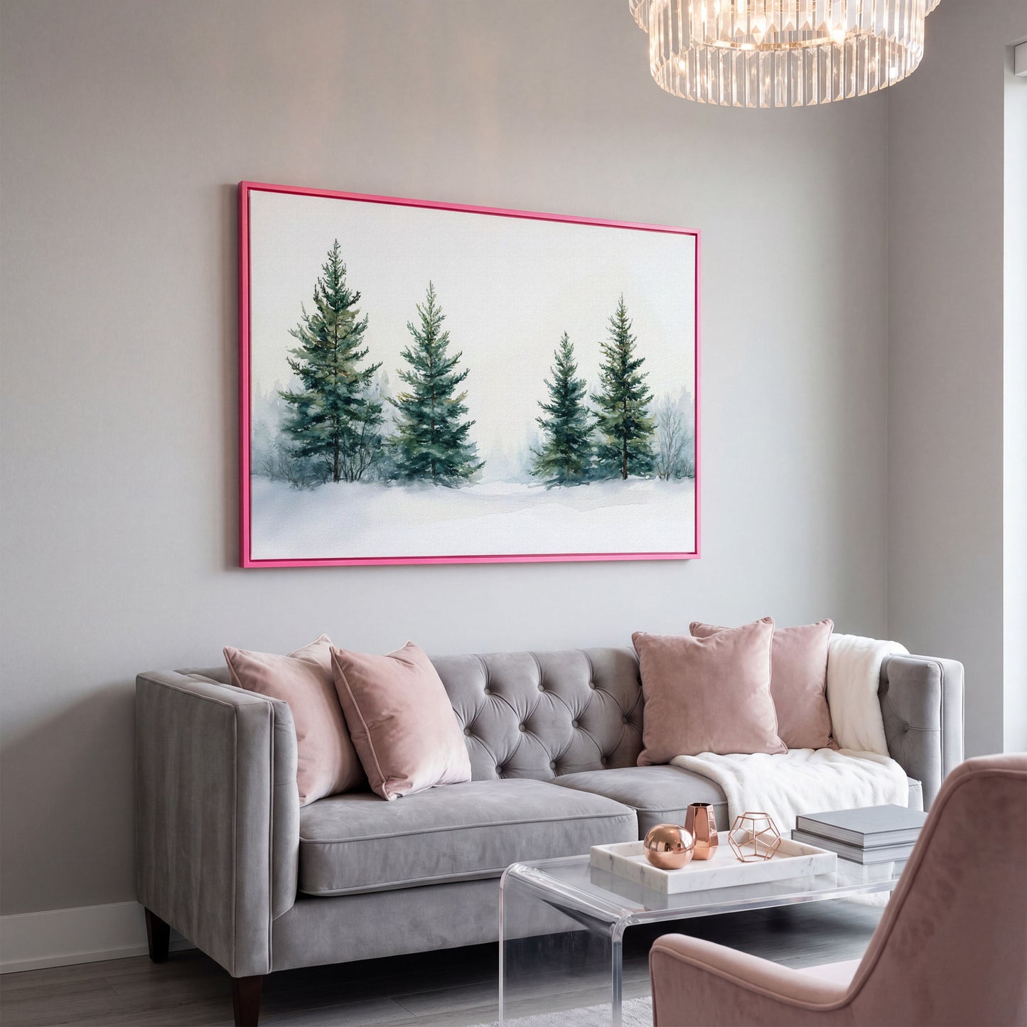 Snowy Evergreen Trees Canvas Print in Teal and Ivory in pink floating frame