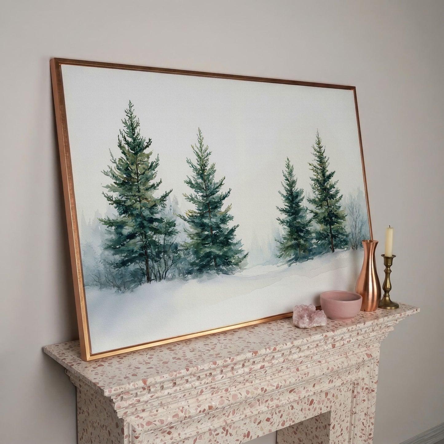 Snowy Evergreen Trees Canvas Print in Teal and Ivory in rose gold floating frame