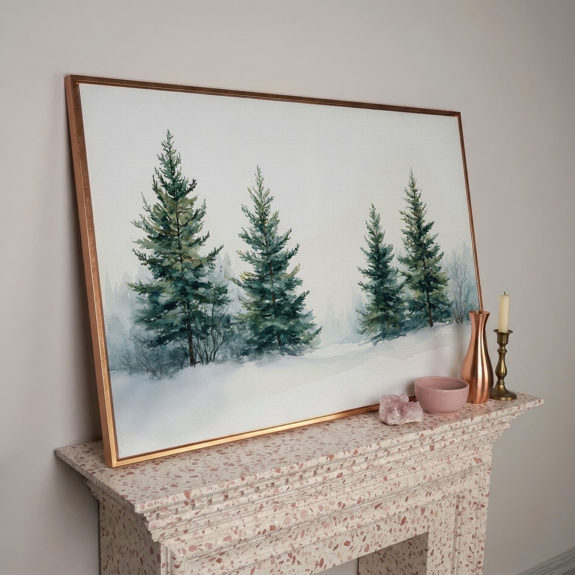 Snowy Evergreen Trees Canvas Print in Teal and Ivory in rose gold floating frame