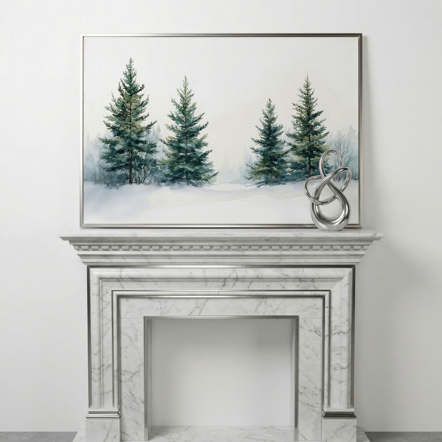 Snowy Evergreen Trees Canvas Print in Teal and Ivory in silver floating frame