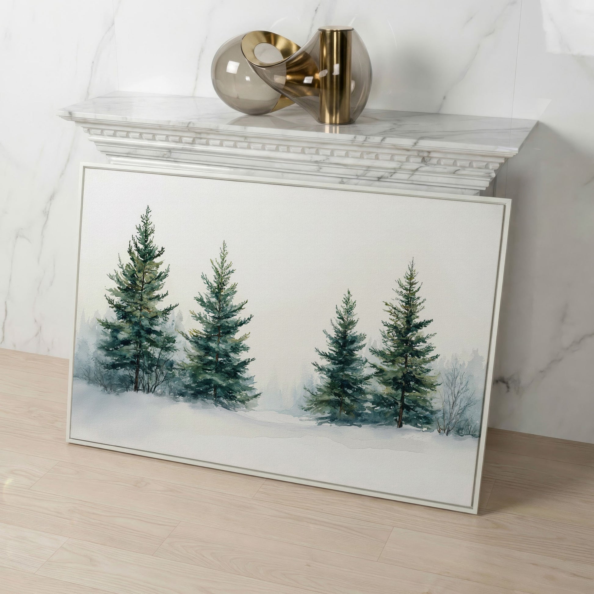 Snowy Evergreen Trees Canvas Print in Teal and Ivory in white floating frame