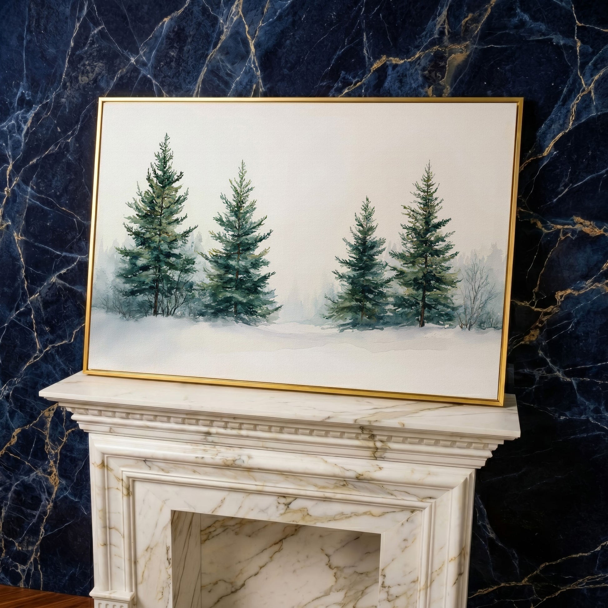 Snowy Evergreen Trees Canvas Print in Teal and Ivory in yellow gold floating frame