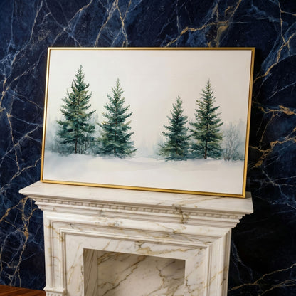 Snowy Evergreen Trees Canvas Print in Teal and Ivory in yellow gold floating frame