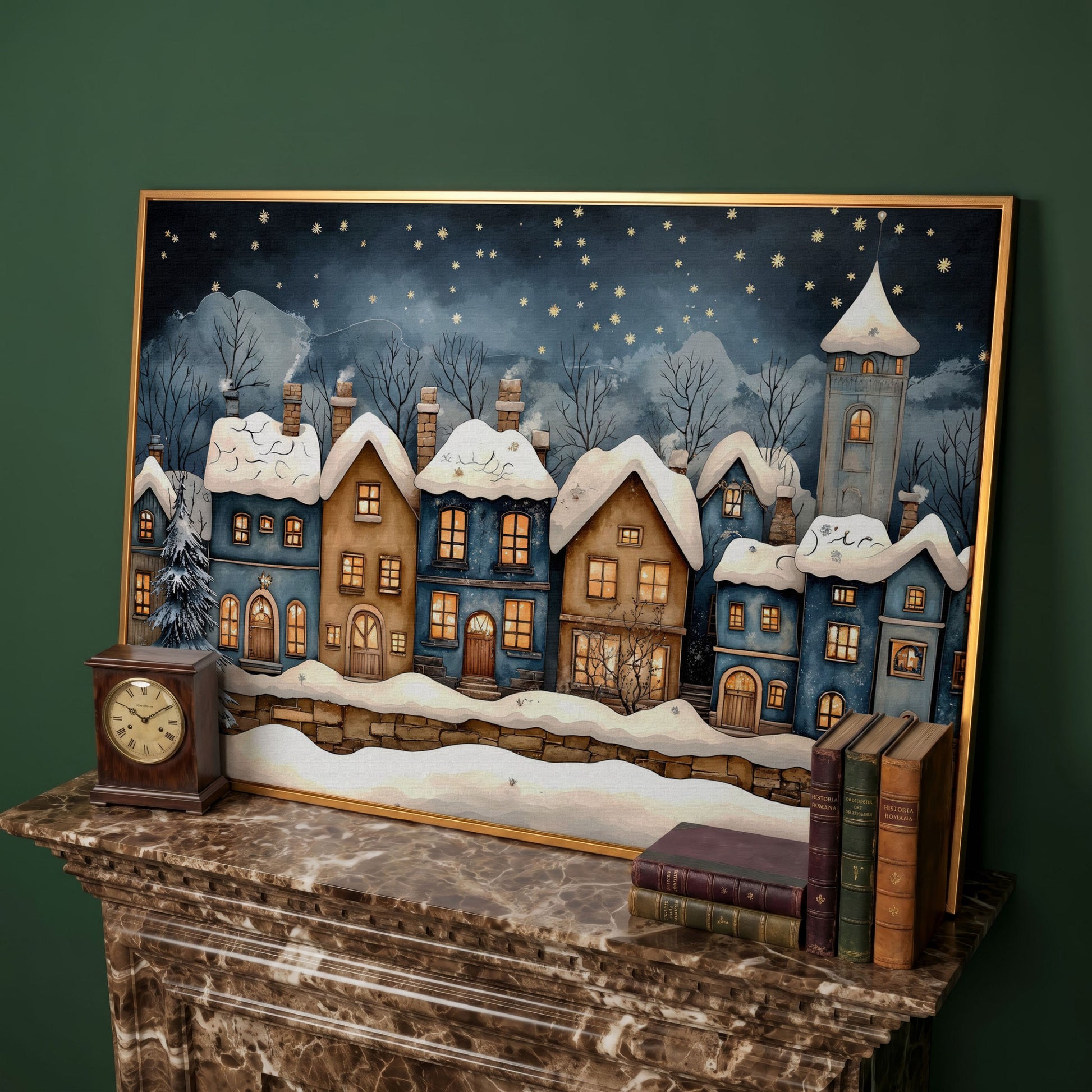 Cozy Christmas Houses Canvas Print with Starry Night in antique gold floating frame