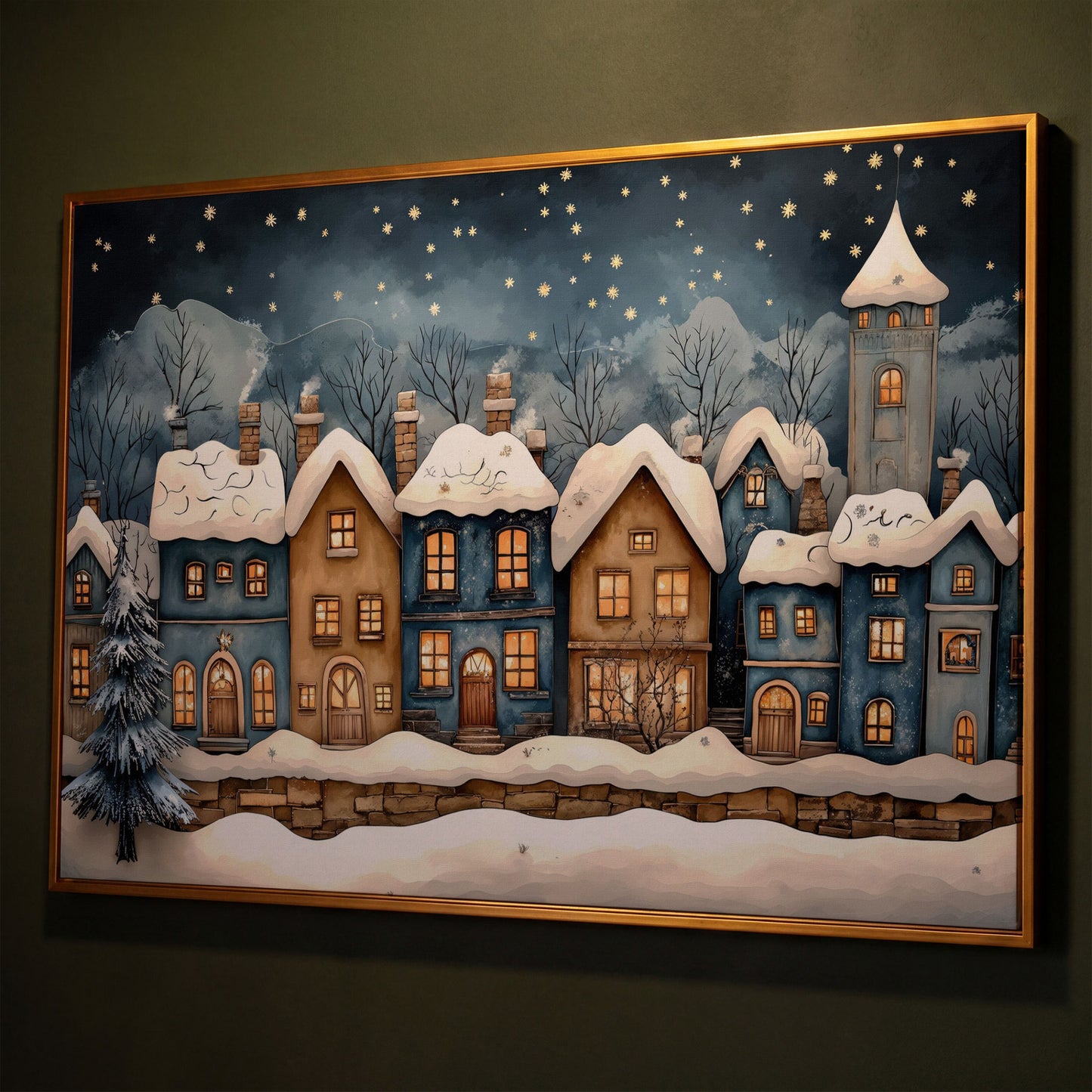 Cozy Christmas Houses Canvas Print with Starry Night shown in antique gold floating frame
