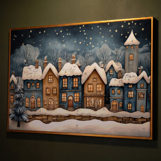 Cozy Christmas Houses Canvas Print with Starry Night shown in antique gold floating frame