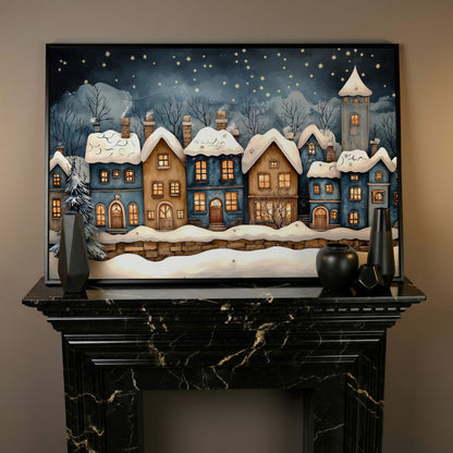 Cozy Christmas Houses Canvas Print with Starry Night in black floating frame