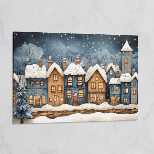 Cozy Christmas Houses Canvas Print with Starry Night on gallery wrap