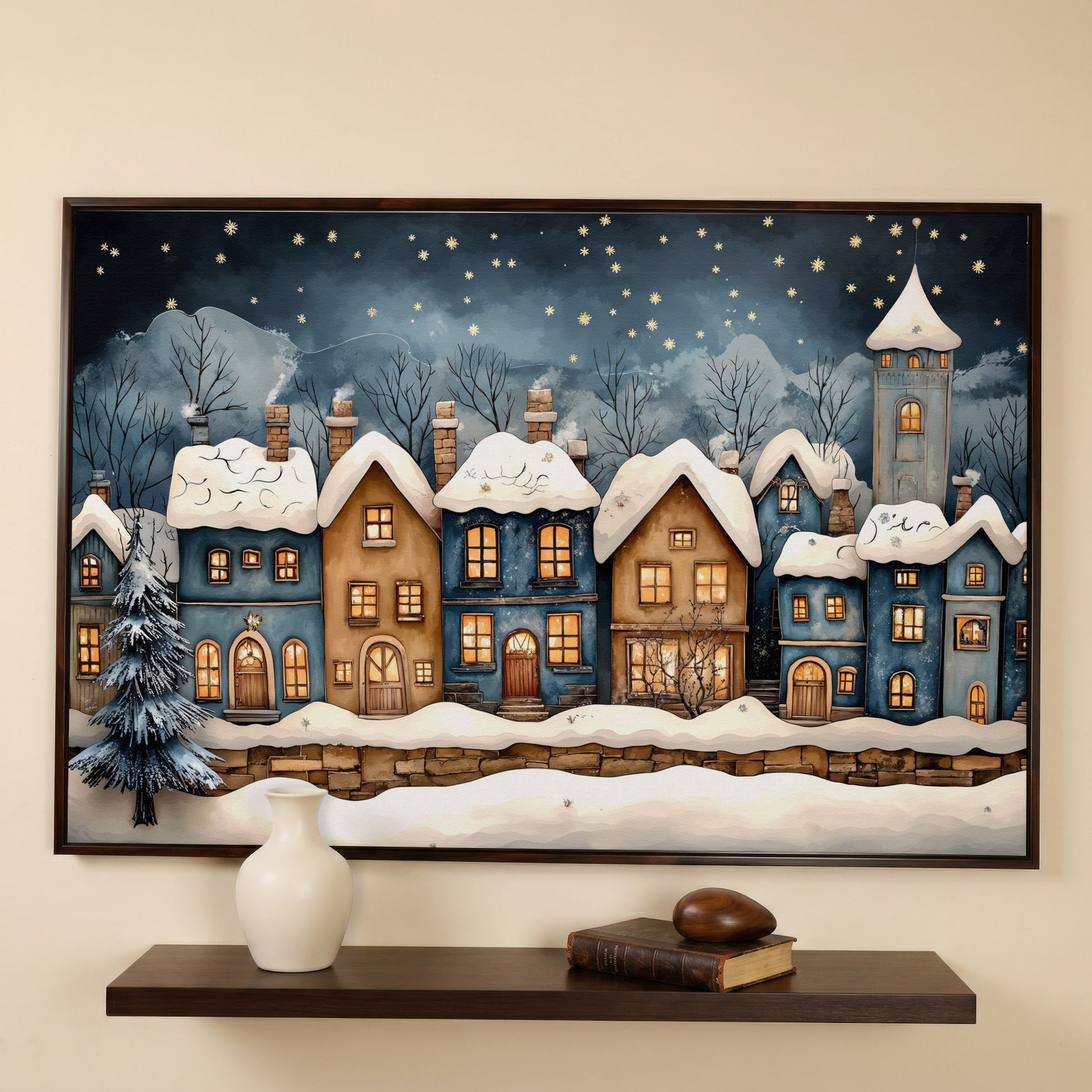 Cozy Christmas Houses Canvas Print with Starry Night in dark walnut floating frame