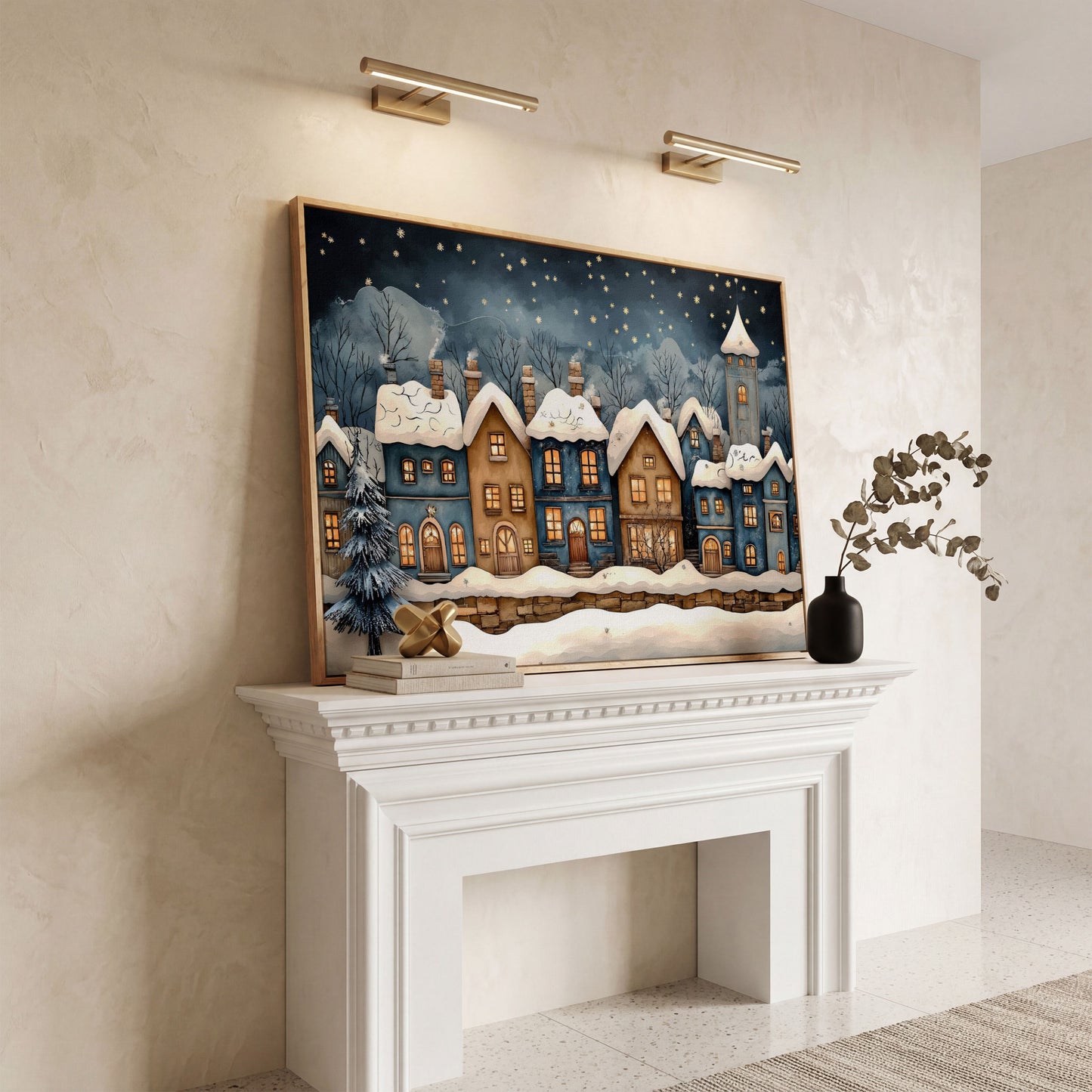 Cozy Christmas Houses Canvas Print with Starry Night in white oak floating frame