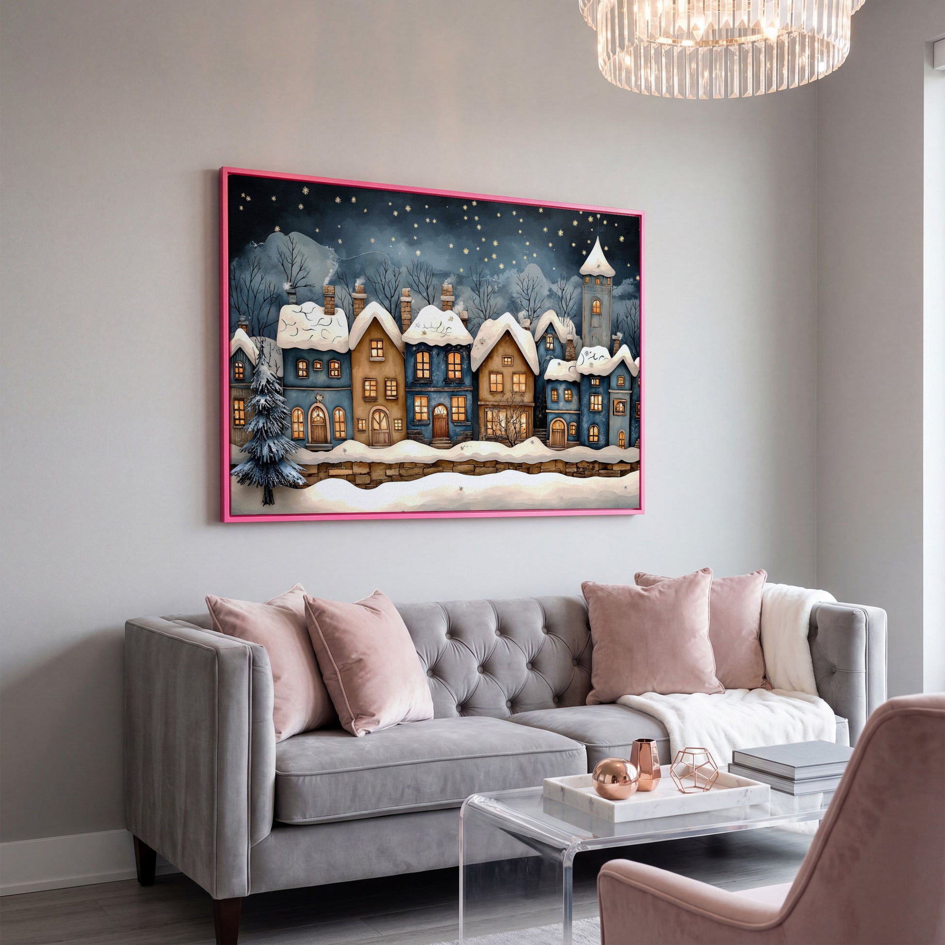 Cozy Christmas Houses Canvas Print with Starry Night in pink floating frame
