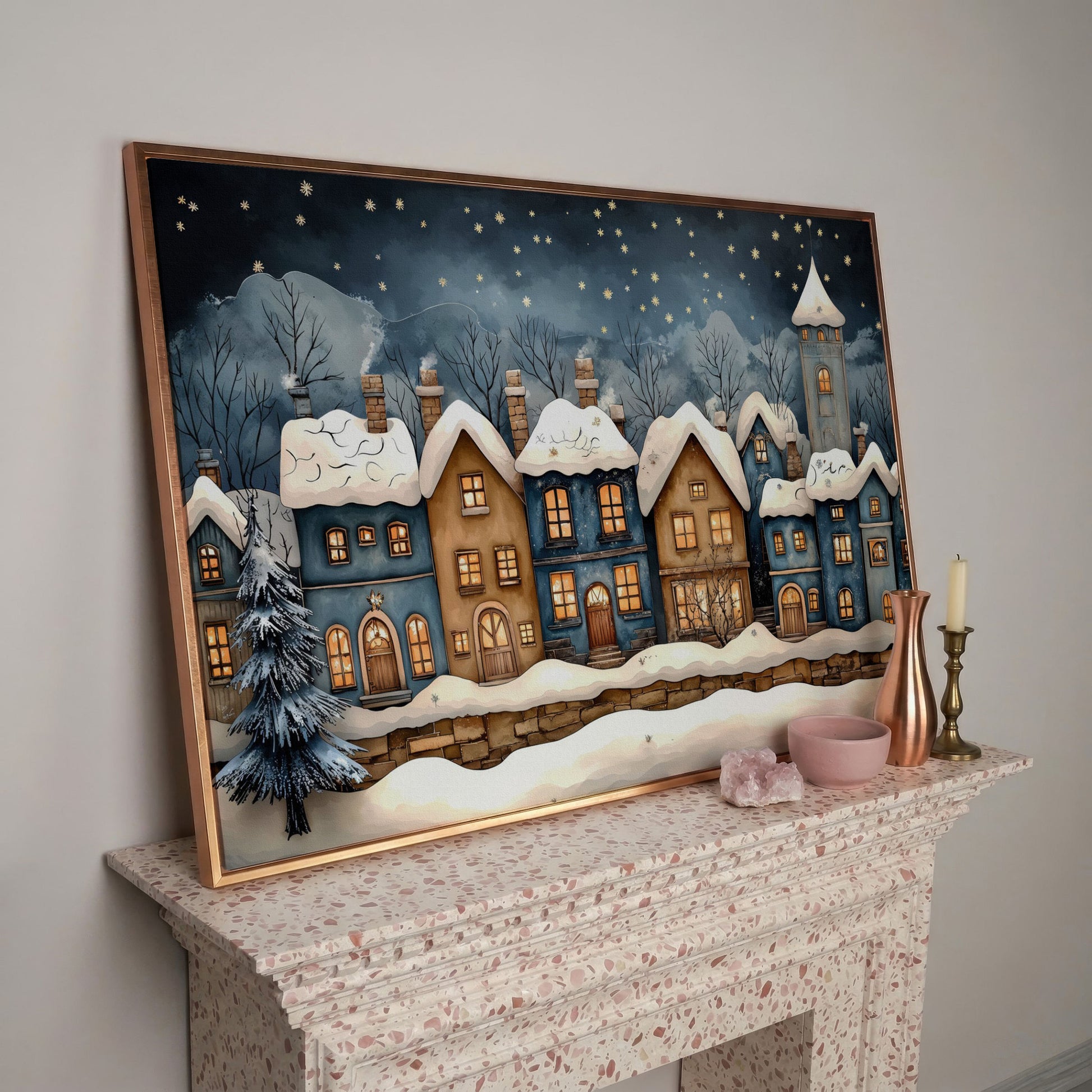 Cozy Christmas Houses Canvas Print with Starry Night in rose gold floating frame