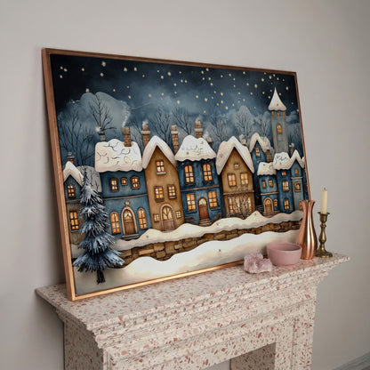 Cozy Christmas Houses Canvas Print with Starry Night in rose gold floating frame