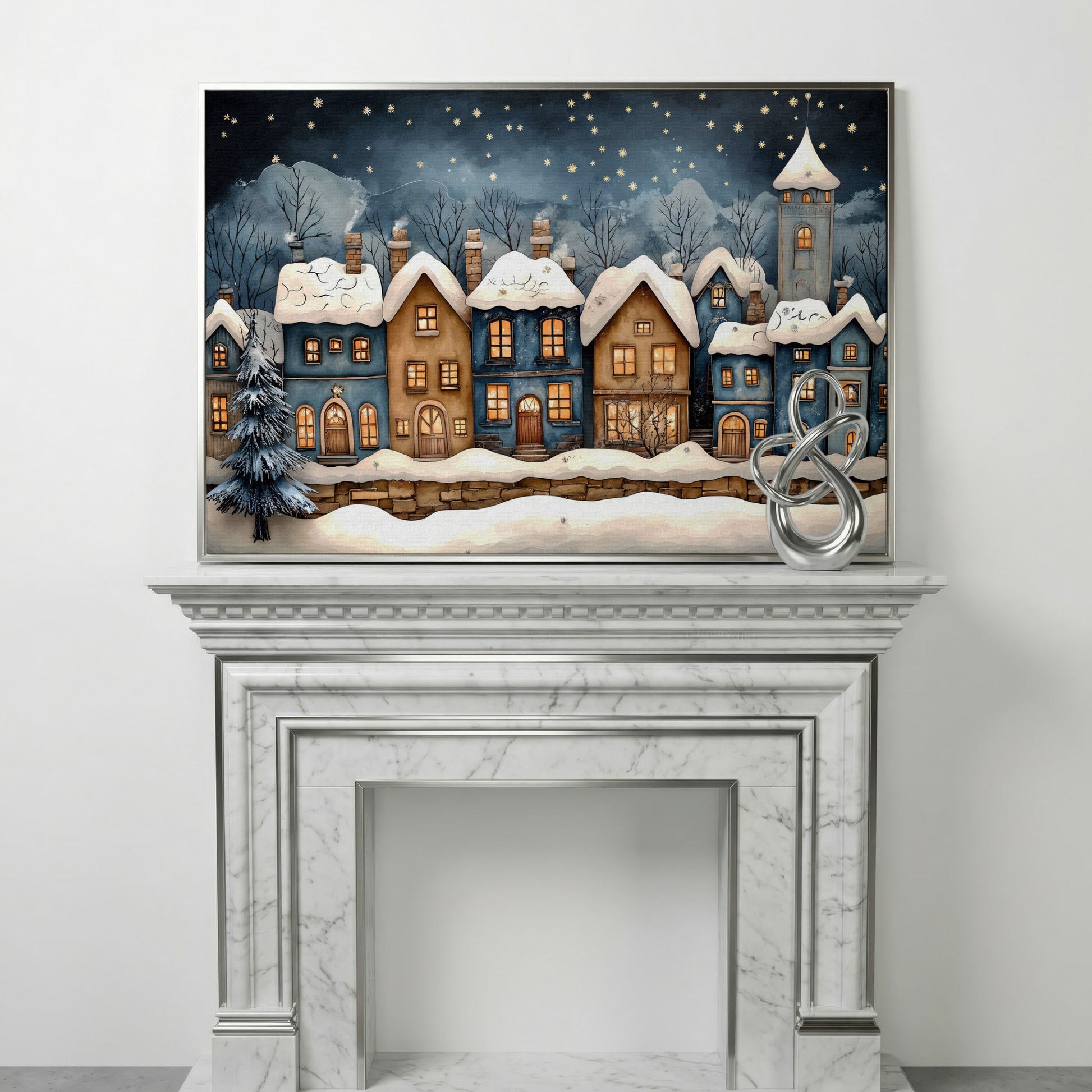 Cozy Christmas Houses Canvas Print with Starry Night in silver floating frame