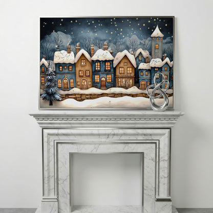 Cozy Christmas Houses Canvas Print with Starry Night in silver floating frame