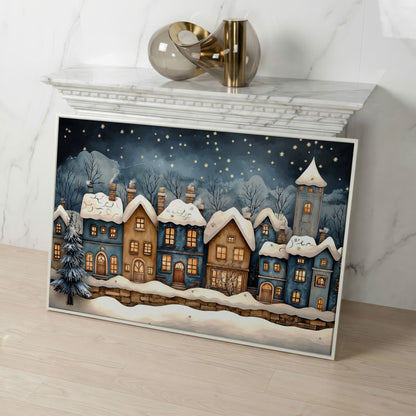 Cozy Christmas Houses Canvas Print with Starry Night in white floating frame