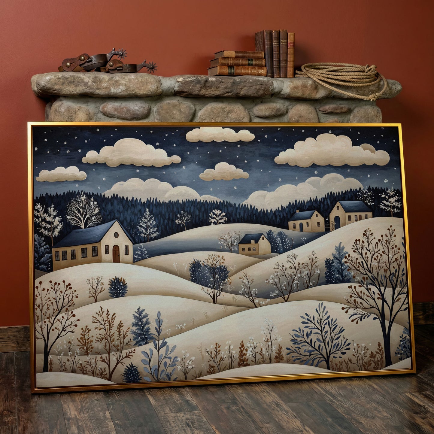 Winter Hills with Houses Canvas Print in antique gold floating frame