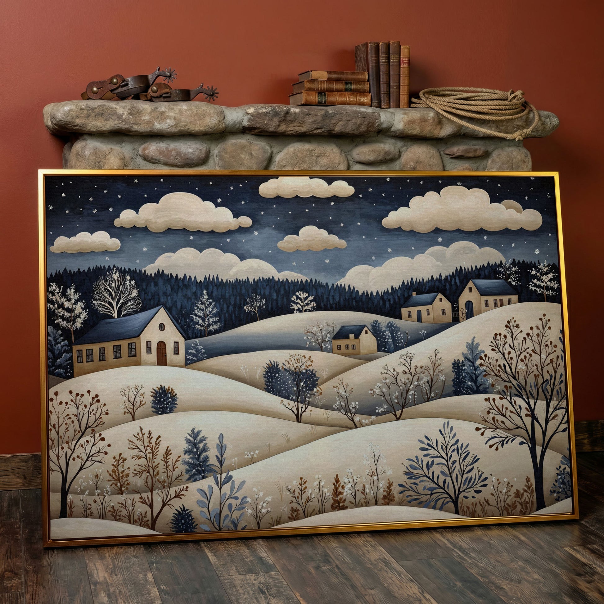 Winter Hills with Houses Canvas Print in antique gold floating frame