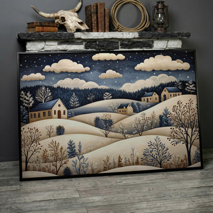 Winter Hills with Houses Canvas Print in black floating frame