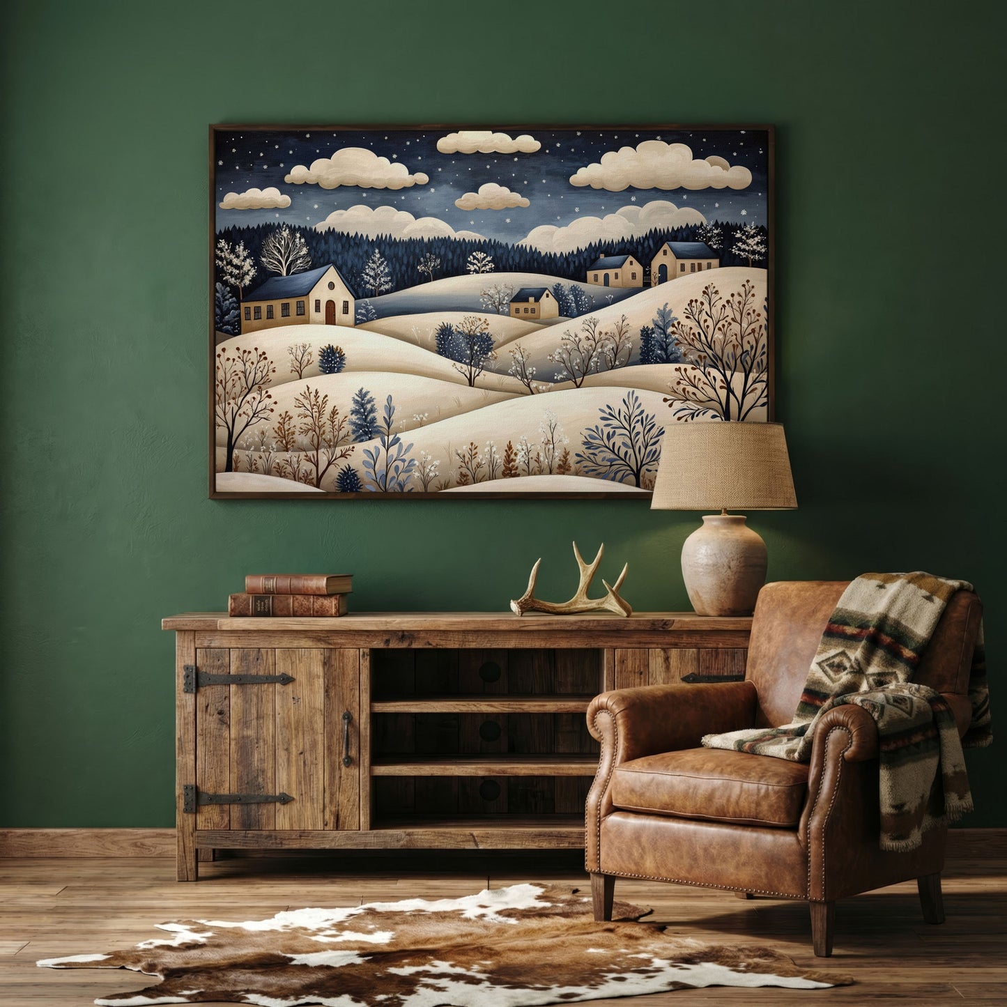 Winter Hills with Houses Canvas Print in dark walnut floating frame
