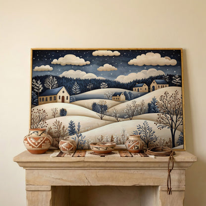 Winter Hills with Houses Canvas Print in white oak floating frame