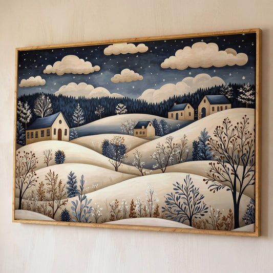 Winter Hills with Houses Canvas Print shown in white oak floating frame