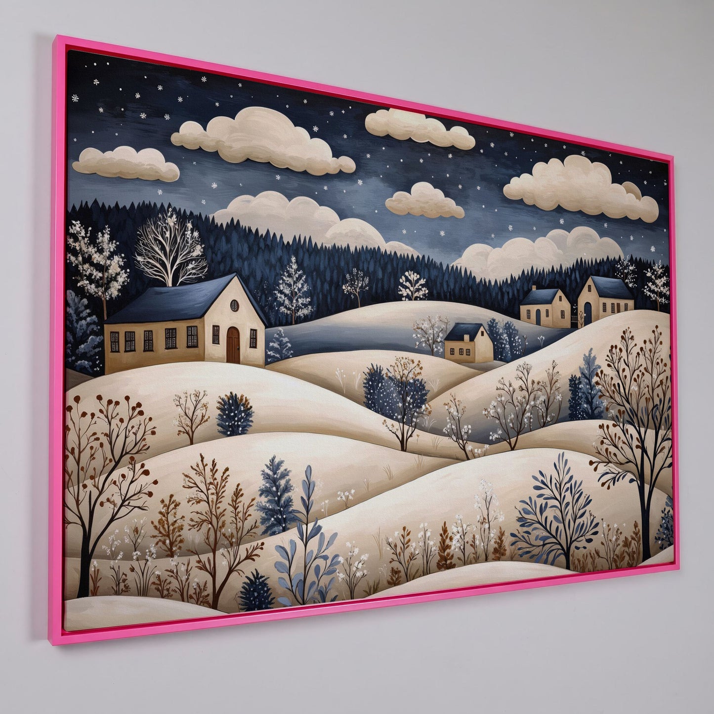 Winter Hills with Houses Canvas Print in pink floating frame